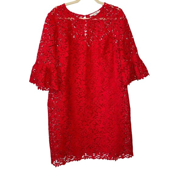 Boden Red Floral Lace Bell Sleeve Dress US Size 14 - Picture 1 of 8